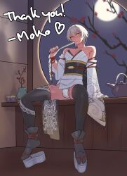 1boy bishounen bulge commentary copyright_request detached_sleeves highres holding japanese_clothes kettle kimono long_sleeves male_focus mokotoko9 moon night obi okobo platform_sandals sandals sash short_hair sitting solo vase yellow_eyes