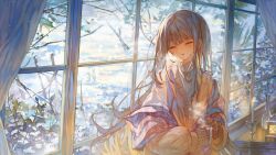 1girl bare_tree blush candlestand closed_eyes coat cup day highres holding holding_cup indoors long_hair long_sleeves looking_at_viewer original parted_lips smile snow snowing solo steam sumi_0525 tree very_long_hair window windowsill winter