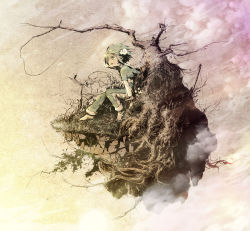 1boy :d bare_tree barefoot capelet cloud floating flower full_body goddandies grass green_eyes green_hair hand_in_own_hair male_focus matching_hair/eyes open_mouth pants plant plant_roots resi sitting smile solo summon_night tree wind