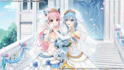 2girls adjusting_another&#039;s_hair assault_lily bare_shoulders blue_flower blue_hair blue_ribbon blue_rose bouquet breasts bridal_veil bride building carnation church cleavage clothing_cutout commentary_request copyright_notice cowboy_shot day detached_sleeves dress elbow_gloves endou_araya falling_petals female_focus flower gloves hair_between_eyes hair_bun hair_flower hair_ornament hairpods hand_on_another&#039;s_cheek hand_on_another&#039;s_face hand_up high-low_dress high_ponytail holding holding_bouquet hu_kotora long_hair long_sleeves looking_at_another medium_breasts mori_tatsuki multiple_girls navel official_alternate_costume official_alternate_hairstyle official_art open_mouth orange_flower outdoors parted_lips petals pink_flower pink_hair pink_rose pleated_dress ponytail purple_eyes red_eyes ribbon rose see-through_clothes see-through_gloves see-through_sleeves see-through_veil side_cutout single_hair_bun sleeveless sleeveless_dress sleeves_past_wrists smile stairs standing stomach_cutout strapless strapless_dress teeth tiara tree upper_teeth_only veil wedding_dress white_flower white_gloves white_rose white_veil wife_and_wife yuri