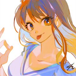 1girl breasts cleavage collarbone commentary_request eyelashes korean_commentary long_hair looking_at_viewer nami_(one_piece) ok_sign one_piece orange_hair senzzang signature solo upper_body