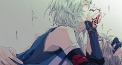 2boys ^^^ anaxa_(honkai:_star_rail) blue_hair blue_shirt blush closed_eyes commentary covering_own_mouth detached_sleeves gloves grey_background grey_hair hand_on_another&#039;s_back hand_on_another&#039;s_head hand_over_own_mouth hashtag-only_commentary honkai:_star_rail honkai_(series) implied_sex jewelry long_hair male_focus multiple_boys multiple_rings partially_fingerless_gloves phainon_(honkai:_star_rail) profile ring ronigs shirt single_bare_shoulder single_glove sleeveless sleeveless_shirt yaoi