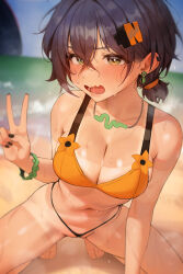 1girl absurdres beach belle_(zenless_zone_zero) bikini blue_hair blush breasts circlet cleavage collarbone day earrings green_eyes hair_ornament highres hyuk_(yeayeo) jewelry letter_hair_ornament medium_breasts navel necklace ocean orange_bikini short_hair solo squatting steaming_body stomach sweat swimsuit tan tanline thong_bikini v wavy_mouth zenless_zone_zero