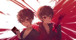 2boys adjusting_clothes adjusting_gloves amamiya_ren black_eyes black_hair black_jacket card dual_persona glasses gloves hands_up highres holding holding_card illowine jacket joker_(persona_5) looking_at_viewer multiple_boys persona persona_5 red_eyes red_gloves red_pupils school_uniform shuujin_academy_school_uniform sweater white_mask white_sweater