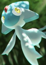 azelf blurry closed_mouth commentary creatures_(company) day floating game_freak gen_4_pokemon highres legendary_pokemon light_rays looking_back nintendo no_humans outdoors pokemon pokemon_(creature) rend solo tree yellow_eyes