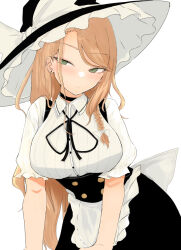 1girl alternate_eye_color apron black_choker black_hat black_ribbon bow braid breasts buttons choker collared_shirt constricted_pupils frilled_hat frills green_eyes hat hat_bow highres kirisame_marisa large_breasts light_blush neck_ribbon necro_(nekurodayo) ribbon shirt side_braid simple_background single_braid slit_pupils solo touhou underbust waist_apron white_background white_bow witch_hat