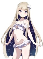 1girl amanogawa_shiina bikini bikini_skirt blonde_hair blue_eyes borgbutler bow breasts closed_mouth colored_inner_hair commentary commission cowboy_shot english_commentary frilled_bikini frills hair_bow highres long_hair looking_at_viewer multicolored_hair na navel phase_connect purple_eyes scissors_hair_ornament second-party_source simple_background smile standing swimsuit thighs very_long_hair virtual_youtuber white_background white_bikini white_bow