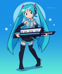 1girl aqua_hair bare_shoulders blue_hair detached_sleeves hair_between_eyes hair_ornament hatsune_miku highres instrument keytar long_hair looking_at_viewer necktie shirt simple_background skirt sleeveless solo thighhighs twintails very_long_hair vinny_(dingitydingus) vocaloid