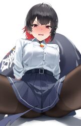 1girl absurdres black_choker black_hair black_pantyhose black_skirt blush breasts candy choker colored_inner_hair commentary_request ellen_joe ellen_joe_(on_campus) embarrassed fins fish_tail food food_on_body food_on_breasts highres large_breasts lollipop looking_at_viewer mole mole_under_eye multicolored_hair open_mouth pantyhose pleated_skirt red_eyes red_hair shaka_(user_fmwh2232) shark_girl shark_tail sharp_teeth short_hair simple_background sitting skirt solo spread_legs sweatdrop tail teeth upper_teeth_only v-shaped_eyebrows white_background zenless_zone_zero
