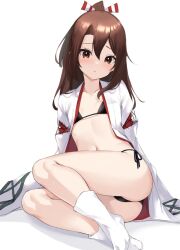 1girl ass bikini black_bikini breasts brown_eyes brown_hair hair_ribbon highres japanese_clothes kantai_collection kimono legs light_blush long_hair navel no_shoes open_clothes open_kimono open_robe ponytail ribbon robe side-tie_bikini_bottom simple_background small_breasts socks solo stomach swimsuit tabi white_background white_kimono white_robe white_socks zarashi zuihou_(kancolle)
