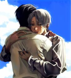 2boys alien_stage black_hair blue_sky cloud commentary ear_piercing earrings english_commentary green_eyes grey_hair highres hug ivan_(alien_stage) jewelry long_sleeves male_focus multiple_boys mutual_hug open_mouth piercing shinumeru shirt short_hair sky tears tears_from_one_eye till_(alien_stage) white_shirt