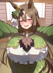 1girl absurdres animal_ears back_bow black_corset blunt_sidelocks bow braid brown_eyes brown_hair buttons center_frills corset cowboy_shot cropped_jacket double-breasted double-parted_bangs ear_ornament frilled_shirt frilled_sleeves frills green_jacket green_shrug green_skirt grey_background hair_between_eyes half_up_braid high-low_skirt highres horse_ears horse_girl horse_tail jacket layered_skirt long_hair long_sleeves looking_to_the_side multicolored_hair open_mouth satono_diamond_(umamusume) shirt sidelocks sideways_glance skirt sleeves_past_fingers sleeves_past_wrists smile smoke_klll solo streaked_hair tail umamusume very_long_hair white_shirt wide_sleeves
