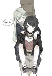 2girls absurdres bang_dream! bang_dream!_it&#039;s_mygo!!!!! belt belt_buckle black_belt black_choker black_dress black_hair black_jacket blue_eyes blush brown_shoes brown_shorts buckle carrying carrying_person chinese_text choker closed_mouth collarbone cowboy_shot crop_top dress frilled_choker frills green_eyes green_hair guitar_case hair_ornament hairclip hands_on_another&#039;s_shoulders hashtag-only_commentary highres instrument_case jacket kuliukunkunkunkunkunkunkun long_hair long_sleeves looking_at_another looking_to_the_side mary_janes midriff mortis_(bang_dream!) mortis_(persona)_(bang_dream!) multiple_girls open_clothes open_jacket open_mouth piggyback red_shirt shirt shoe_soles shoes shorts sideways_glance simple_background smile socks speech_bubble standing translation_request wakaba_mutsumi white_background white_socks yahata_umiri