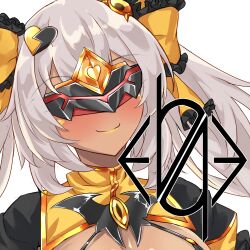 Rule 34 | 1girl, blush, bow, breasts, cleavage, closed mouth, corruption, covered eyes, dark-skinned female, dark persona, dark skin, duel monster, eye mask, gears, girls&#039; frontline, grey hair, hair bow, hair ornament, highres, large breasts, logia13laplace, logo, long hair, mask, simple background, slave, smile, solo, ts magical girl nao, twintails, ump9 (girls&#039; frontline), upper body, variant set, virtual youtuber, white background