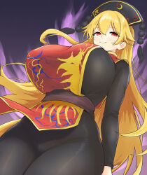 1girl aura black_bodystocking black_hat black_sash blonde_hair blush bodystocking breasts brown_sash commentary_request cowboy_shot crescent_print dalachi_(headdress) hair_between_eyes hair_ornament hat highres hinben huge_breasts junko_(touhou) junko_day long_hair long_sleeves looking_at_viewer mandarin_collar partially_visible_vulva pom_pom_(clothes) pom_pom_hat_ornament purple_background raised_eyebrows red_eyes red_tabard sash smile solo tabard tassel tassel_hair_ornament touhou very_long_hair wide_hips