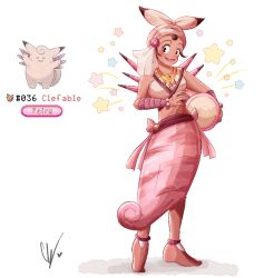 Rule 34 | 1girl, bandana, barefoot, bracelet, clefable, commentary, drum, endifi, full body, gen 1 pokemon, holding, holding instrument, instrument, jewelry, looking at viewer, midriff, navel, nintendo, open mouth, personification, pink skirt, pokemon, pokemon (creature), signature, skirt, standing, star (symbol), white background