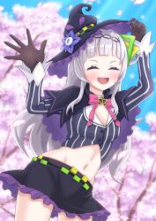 1girl a5hio absurdres black_hat black_skirt blue_sky brown_gloves cherry_blossoms closed_eyes cloud crop_top gloves grey_hair grey_shirt hat highres hololive long_hair looking_at_viewer murasaki_shion murasaki_shion_(1st_costume) open_mouth shirt sidelocks skirt sky smile solo striped_clothes striped_shirt vertical-striped_clothes vertical-striped_shirt very_long_hair virtual_youtuber witch_hat yellow_eyes