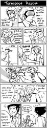 1girl 3boys ace_attorney alternate_universe breasts coffee_mug comic couch cup door dual_persona english_text gigi_d.g. godot_(ace_attorney) greyscale heart highres imagining diego_armando large_breasts magatama mask mia_fey monochrome mug multiple_boys phoenix_wright phoenix_wright:_ace_attorney phoenix_wright:_ace_attorney_-_trials_and_tribulations punching redd_white sparkle spiked_hair spoilers statue summary upper_body visor white_background