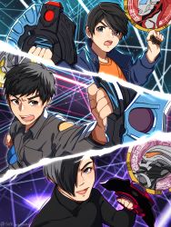 1010_mumumu animification asakura_riku blue_eyes blue_jacket brown_eyes clenched_hand grey_hair grey_jumpsuit hair_over_one_eye hebikura_shouta highres jacket jugglus_juggler jumpsuit looking_up male_focus multicolored_hair natsukawa_haruki one_eye_covered open_mouth spoilers two-tone_hair ultra_series ultraman_belial ultraman_geed ultraman_geed_(series) ultraman_z ultraman_z_(series) utraman_geed v-shaped_eyebrows z_riser