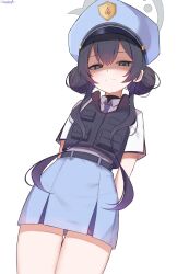 1girl black_hair blue_archive blue_skirt braid braided_bun bulletproof_vest cosplay double_bun grey_eyes grey_halo hair_bun halo hat highres kisaki_(blue_archive) long_hair looking_at_viewer miniskirt partially_shaded_face police police_hat police_uniform policewoman sazamiso_rx short_sleeves skirt solo twintails valkyrie_police_academy_student_(blue_archive) valkyrie_police_academy_student_(blue_archive)_(cosplay) very_long_hair