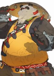 1boy animal_ears bad_source bell black_fur bracelet chinese_clothes claws closed_mouth commentary fat fat_man furry furry_male hand_on_headwear highres jewelry jingle_bell looking_at_viewer male_focus multicolored_fur pan_yinhu panda_boy panda_ears pawpads shirt smile spiked_bracelet spikes symbol-only_commentary white_background white_fur wok yed_(yedsilent) yellow_shirt zenless_zone_zero