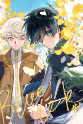 2boys absurdres bat black_hair black_jacket blue_eyes blue_lock blue_sky brown_jacket closed_mouth cloud cloudy_sky flower flower_request hands_in_pockets highres isagi_yoichi jacket kira_ryousuke light_blush long_hair long_sleeves looking_at_another looking_at_viewer multiple_boys one_eye_closed open_clothes open_jacket open_mouth serious shirt sky smile tong_jun white_hair white_shirt yellow_eyes yellow_flower