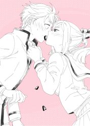 1boy 1girl assertive_female black_ribbon blush candy chocolate chocolate_heart chuo_tanegashima_high_school_uniform clothes_grab collar_grab couple food hair_between_eyes hair_ribbon heart heart-shaped_food hetero ikuhashi_muiko jacket koujiro_frau long_hair long_sleeves looking_at_another monochrome neckwear_grab pink_background pleated_skirt ribbon robotics;notes sailor_collar school_uniform short_hair skirt spot_color sweatdrop twintails upper_body white_ribbon yashio_kaito