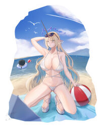 Rule 34 | 2girls, absurdres, alternate costume, arm up, ball, bare shoulders, beachball, bikini, blonde hair, blue eyes, blue sky, breasts, closed mouth, collarbone, commentary, crown of thorns, dated, day, earrings, english commentary, eyewear on head, female rover (wuthering waves), fleurdelys (wuthering waves), floating earrings, highres, horns, huge breasts, jewelry, long hair, looking at viewer, multiple girls, navel, ocean, outdoors, pointy ears, rover (wuthering waves), sandals, signature, single horn, sky, solo, solo focus, squatting, stomach, sunglasses, swimsuit, thighs, very long hair, white bikini, wuthering waves, zing (zingart)