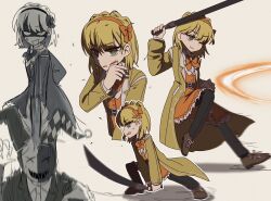 1boy 1girl black_leggings blonde_hair bow bowtie braid brown_shoes coat crown_braid distortion_(project_moon) dress full_body green_eyes hairband hat highres holding holding_sword holding_weapon jester_cap june_blues lapels leggings library_of_ruina long_sleeves looking_at_viewer medium_hair multiple_views orange_bow orange_bowtie orange_dress orange_hairband oswald_(project_moon) project_moon shirt shoes simple_background solo_focus standing sword tiphereth_a_(project_moon) weapon white_shirt yellow_coat