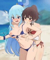 2girls absurdres aqua_(konosuba) bare_shoulders beach bikini black_bikini blue_bikini blue_eyes blue_hair blush breasts brown_hair cloud cloudy_sky front-tie_bikini_top front-tie_top grabbing_another&#039;s_breast groping highres kagironsfw kono_subarashii_sekai_ni_shukufuku_wo! long_hair medium_breasts megumin multiple_girls navel nipples ocean one_breast_out open_mouth red_eyes side-tie_bikini_bottom side_ponytail skindentation sky small_breasts standing stomach sweatdrop swimsuit very_long_hair