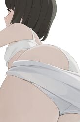 1girl ass black_hair bra commentary flat_chest highres hiroki_(yyqw7151) original panties short_hair simple_background solo underwear undressing white_background white_bra white_panties