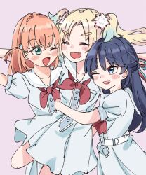 3girls ;d blonde_hair blue_dress blue_eyes blue_hair blue_ribbon breast_pocket collarbone commentary dress fang flower gradient_hair hair_flower hair_ornament hair_ribbon half_updo hasu_no_sora_school_uniform highres hinoshita_kaho link!_like!_love_live! looking_at_another love_live! medium_dress moso_(expect66) multicolored_hair multiple_girls murano_sayaka neckerchief one_eye_closed open_mouth osawa_rurino parted_bangs pink_background pink_flower pleated_dress pocket puffy_short_sleeves puffy_sleeves rabbit_hair_ornament red_neckerchief red_ribbon ribbon sailor_collar sailor_dress school_uniform short_sleeves simple_background smile summer_uniform teeth twintails two_side_up upper_teeth_only v-shaped_eyebrows virtual_youtuber white_sailor_collar