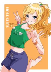1girl barefoot blonde_hair blue_eyes blue_shorts breasts character_name cleavage collarbone cube_hair_ornament double_v green_tank_top hair_ornament highres idolmaster idolmaster_cinderella_girls illustscody long_hair looking_at_viewer medium_breasts midriff ohtsuki_yui orange_sweatband ponytail shorts sidelocks smile soles solo standing standing_on_one_leg star_(symbol) star_hair_ornament tank_top v