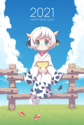 1girl 2021 absurdres animal_ears animal_print aqua_eyes blue_sky bottle chinese_zodiac closed_mouth commentary_request cow_ears cow_girl cow_horns cow_print cow_tail ear_tag fence field full_body grass happy_new_year highres holding holding_bottle horns japanese_clothes kimono long_sleeves looking_at_viewer milk milk_bottle new_year no_shoes obi obiage original outdoors print_kimono sash shoes short_hair sitting sitting_on_fence sky smile solo tabi tail ueno_musashi unworn_shoes white_hair white_kimono wide_sleeves wooden_fence year_of_the_ox