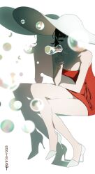 Rule 34 | 1girl, :o, alien stage, alternate costume, black hair, blowing bubbles, bubble, bubble wand, commentary, dress, grey eyes, hashtag-only commentary, hat, high heels, highres, holding, invisible chair, large hat, martographic, open mouth, red dress, shadow, shoes, short hair, signature, sitting, solo, strapless, strapless dress, sua (alien stage), tube dress, white hat, white shoes