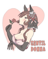 1girl animal_ears bare_shoulders black_gloves black_ribbon breasts brown_hair character_name cleavage ear_covers elbow_gloves flower from_side gentildonna_(umamusume) gloves hair_ribbon heart heart-shaped_ornament heart_ear_ornament holding holding_flower horse_ears horse_girl large_breasts long_hair looking_at_viewer looking_to_the_side red_eyes red_flower red_rose ribbon rose solo tattsan umamusume