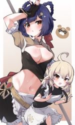2girls absurdres ahoge alternate_breast_size alternate_costume apron backpack bag bent_over black_hair blunt_bangs braid breasts brown_eyes bullet_(bullet0701) cameo cleavage commentary_request crop_top enmaided fingerless_gloves genshin_impact gloves guoba_(genshin_impact) hair_between_eyes hair_ornament hairclip highres holding holding_staff klee_(genshin_impact) light_brown_hair long_hair long_sleeves looking_at_viewer low_twintails maid maid_apron multiple_girls navel orange_eyes pointy_ears randoseru sidelocks staff stomach twin_braids twintails xiangling_(genshin_impact)