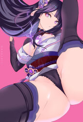 1girl absurdres ass ass_focus black_panties blunt_bangs breasts cameltoe commentary electricity genshin_impact groin hair_ornament highres japanese_clothes kimono long_hair looking_at_viewer medium_breasts mole mole_under_eye naopy panties parted_lips pink_background purple_eyes purple_hair raiden_shogun simple_background solo spread_legs thick_thighs thighhighs thighs underwear