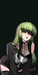 Rule 34 | 1girl, absurdres, all fours, black background, black choker, black lips, c.c., casual, choker, choppy bangs, code geass, code geass: fukkatsu no lelouch, collarbone, commentary, goth fashion, green hair, hair between eyes, highres, jewelry, leaning forward, lips, long hair, looking at viewer, multicolored hair, off shoulder, pendant, print shirt, redpostit, see-through clothes, shirt, sidelocks, simple background, single bare shoulder, skeleton, solo, thighhighs, two-tone hair, yellow eyes, zettai ryouiki