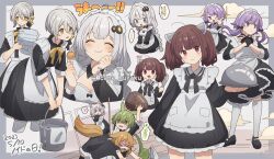 &gt;_&lt; ... 1boy 6+girls ? ^_^ ahoge alternate_costume anger_vein animal_ears apron arms_up bell black_bow black_bowtie black_dress black_gloves blade blue_eyes blush border bow bowtie braid breasts bright_pupils brown_hair bucket cat_ears cat_girl cleavage closed_eyes closed_mouth clumsy collage commentary_request corn_kuten cropped_legs cropped_torso crossdressing dated dress dust_cloud duster eating enmaided fingerless_gloves food food_request frown gloom_(expression) gloves green_hair grey_border grey_hair hair_bell hair_bow hair_ornament hands_on_lap head_tilt headgear holding holding_bucket holding_duster holding_food holding_knife holding_towel holding_tray holding_vase iori_yuzuru jingle_bell kitchen_knife kizuna_akari knife light_brown_hair long_hair long_sleeves looking_at_viewer low_ponytail maid maid_apron maid_day maid_headdress medium_breasts multiple_girls multiple_hair_bows one_eye_closed ouka_miko outside_border pink_eyes pointing ponytail purple_hair sayo_(voicevox) seiza serving_dome short_dress short_hair short_hair_with_long_locks side_braid sitting sleeves_past_fingers sleeves_past_wrists small_breasts sparkle spoken_ellipsis spoken_question_mark sweat tail tearing_up thighhighs touhoku_kiritan towel translation_request transparent_border tray trembling twin_braids twintails twitter_username v-shaped_eyebrows vocaloid voiceroid voicevox watermark white_background white_pupils white_thighhighs wooden_floor yellow_bow yellow_bowtie yellow_eyes yuzuki_yukari zundamon