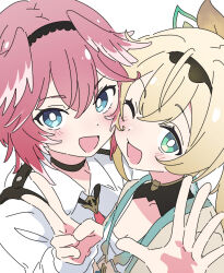 2girls :d ;d black_choker black_hairband blonde_hair blue_eyes blush bright_pupils cheek-to-cheek choker commentary green_eyes hairband hashtag-only_commentary head_wings heads_together hololive ixy japanese_clothes kazama_iroha kazama_iroha_(1st_costume) looking_at_viewer multiple_girls one_eye_closed open_mouth pink_hair ponytail shirt short_hair simple_background smile symbol-only_commentary takane_lui takane_lui_(1st_costume) v virtual_youtuber white_background white_pupils white_shirt wings