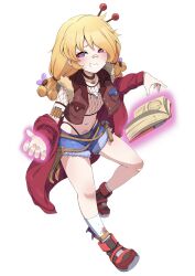 1girl bandaid bandaid_on_face bandaid_on_knee bandaid_on_leg bandaid_on_nose belt blonde_hair blue_shorts book brown_collar button_hair_ornament collar fishnet_top fishnets flat_chest hair_ornament hair_stick hammer highleg highleg_panties highres immy_bisou jacket long_hair magic midriff nail_(hardware) navel official_art open_book open_clothes open_jacket panties panty_straps pink_pupils pubic_tattoo purple_eyes red_jacket red_shoes shoes shorts smile socks solo stitches symbol-shaped_pupils tattoo transparent_background underwear valefal_coneri vallure virtual_youtuber white_socks x-shaped_pupils
