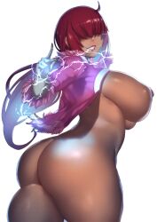 1girl ass aster_crowley breasts breasts_out curvy dark-skinned_female dark_skin electricity female_focus fluffy from_behind glowing highres huge_ass huge_breasts jacket large_breasts long_hair looking_at_viewer looking_back nipples no_panties open_clothes orochi_shermie ponytail red_hair shermie_(kof) shiny_skin smile smiley_face standing tan the_king_of_fighters thick_thighs thighs thunder wide_hips