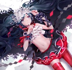 1girl female_focus hair_spread_out hatsune_miku hatsune_miku_(bless_you) head_wreath headset highres long_hair matching_hair/eyes midriff navel nisoku_hokou_(vocaloid) red_thighhighs skirt solo thighhighs twintails vocaloid yyb