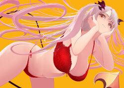Rule 34 | 1girl, bra, breasts, cleavage, closed mouth, commentary request, cowboy shot, dc24v, demon girl, demon tail, from below, gradient hair, grey hair, horns, indie virtual youtuber, lace, lace bra, lace panties, large breasts, long hair, looking at viewer, multicolored hair, navel, orange background, orange eyes, panties, pink hair, red bra, red horns, red panties, smile, solo, suou patra, tail, twintails, underwear, underwear only, very long hair, virtual youtuber