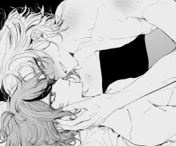 Rule 34 | 2boys, aotsuki eito, blush, body blush, boy on top, collarbone, glasses, holding another&#039;s hair, looking ahead, looking at another, male focus, monochrome, multicolored hair, multiple boys, nude, on bed, palme310, scene reference, short hair, simple background, streaked hair, sumino takumi, the hundred line -last defense academy-, wrinkled fabric, yaoi
