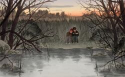 2girls androgynous bare_tree cattail closed_eyes cloud evening forest highres leaning_on_person leaning_to_the_side monlopolo multiple_girls nature original outdoors plant pond scenery short_hair sky sunset tomboy tree very_short_hair water wetland