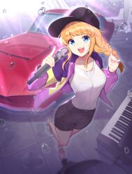 1girl absurdres baseball_cap black_hat black_shorts blonde_hair blue_eyes braid breasts car commentary_request full_body hat highres holding holding_microphone instrument jacket light_rays long_hair long_sleeves looking_at_viewer manple0201 medium_breasts microphone motor_vehicle open_clothes open_jacket open_mouth paripi_koumei piano purple_jacket red_car shirt shirt_tucked_in shorts sidelocks smile solo standing standing_on_one_leg teeth tsukimi_eiko upper_teeth_only water_drop white_shirt