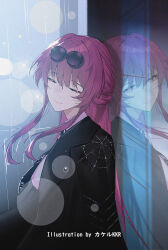 1girl alternate_hair_length alternate_hairstyle artist_name black_jacket black_necktie breasts closed_eyes closed_mouth collared_shirt commentary_request different_reflection eyewear_on_head facing_viewer glasses highres honkai:_star_rail honkai_(series) jacket kafka_(honkai:_star_rail) large_breasts long_hair looking_at_viewer necktie pince-nez purple_eyes purple_hair rain reflection round_eyewear shirt smile solo srpzk sunglasses