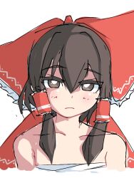 Rule 34 | 1girl, bow, brown eyes, brown hair, chest sarashi, frilled hair tubes, frills, hair bow, hair tubes, hakurei reimu, looking at viewer, sarashi, sidelocks, touhou, white background